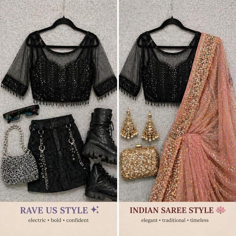 Basanti Black Beaded Crop Top Sz S Sheer Goth Boho Festival Rave Party Saree NWT